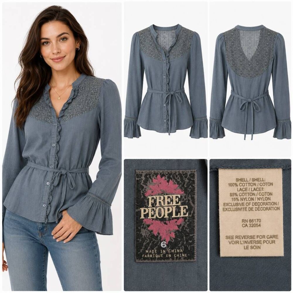 Free People 6 Blue Gray Lace Bell Sleeve Boho Blouse